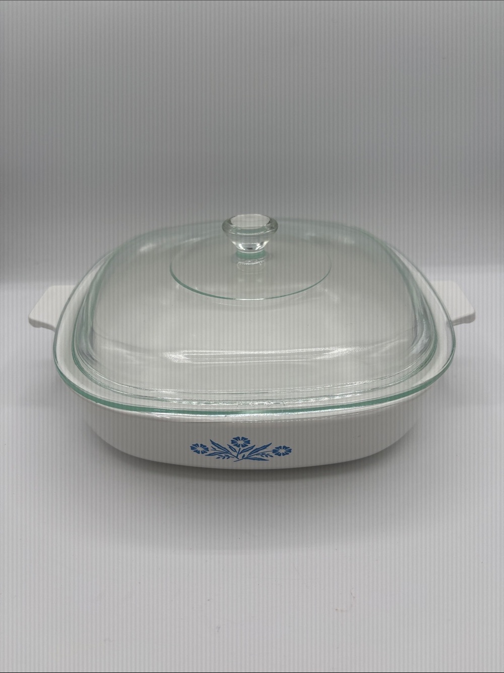 Vintage Corningware White Casserole with Blue Cornflower Pattern and Glass Lid